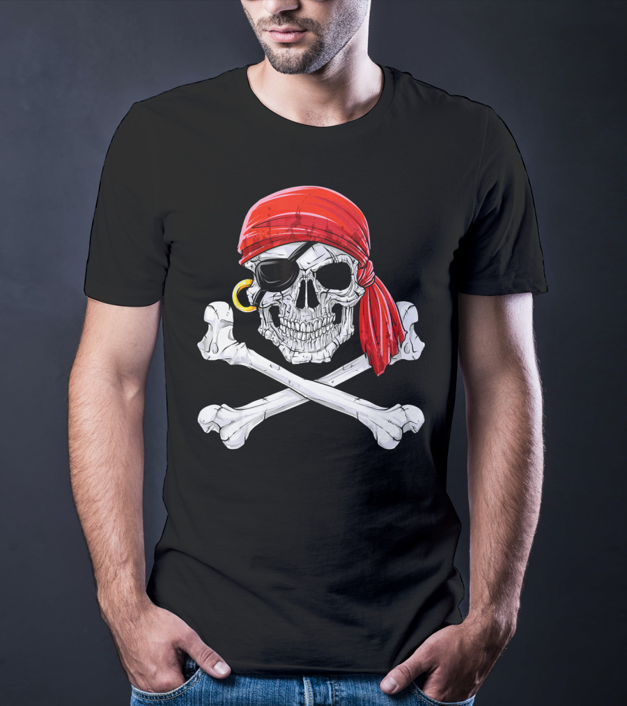 Jolly Roger Flag Skull And Crossbones With Red Bandana And Eyepatch T-Shirt