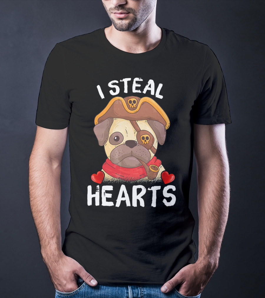I Steal Hearts Valentines Day Pirate Pug With Pipe And Eyepatch T-Shirt