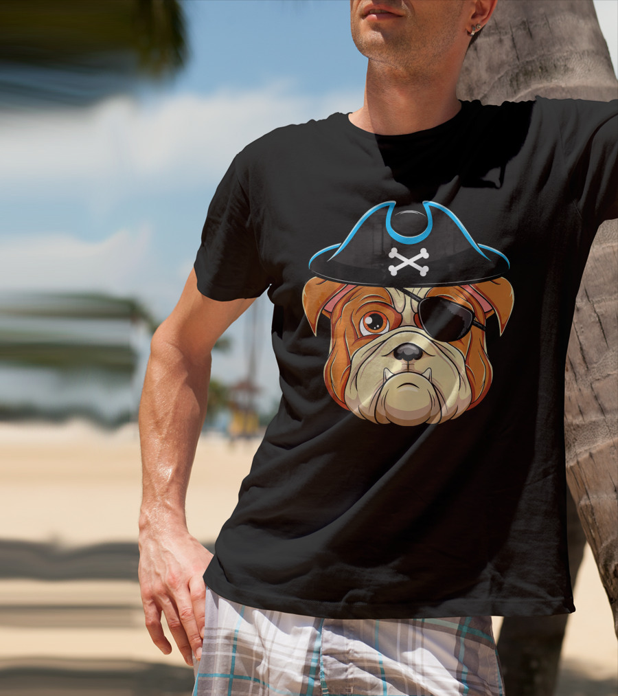 English Bulldog Pirate Hat Eye Patch Skull Crossbones T-Shirt