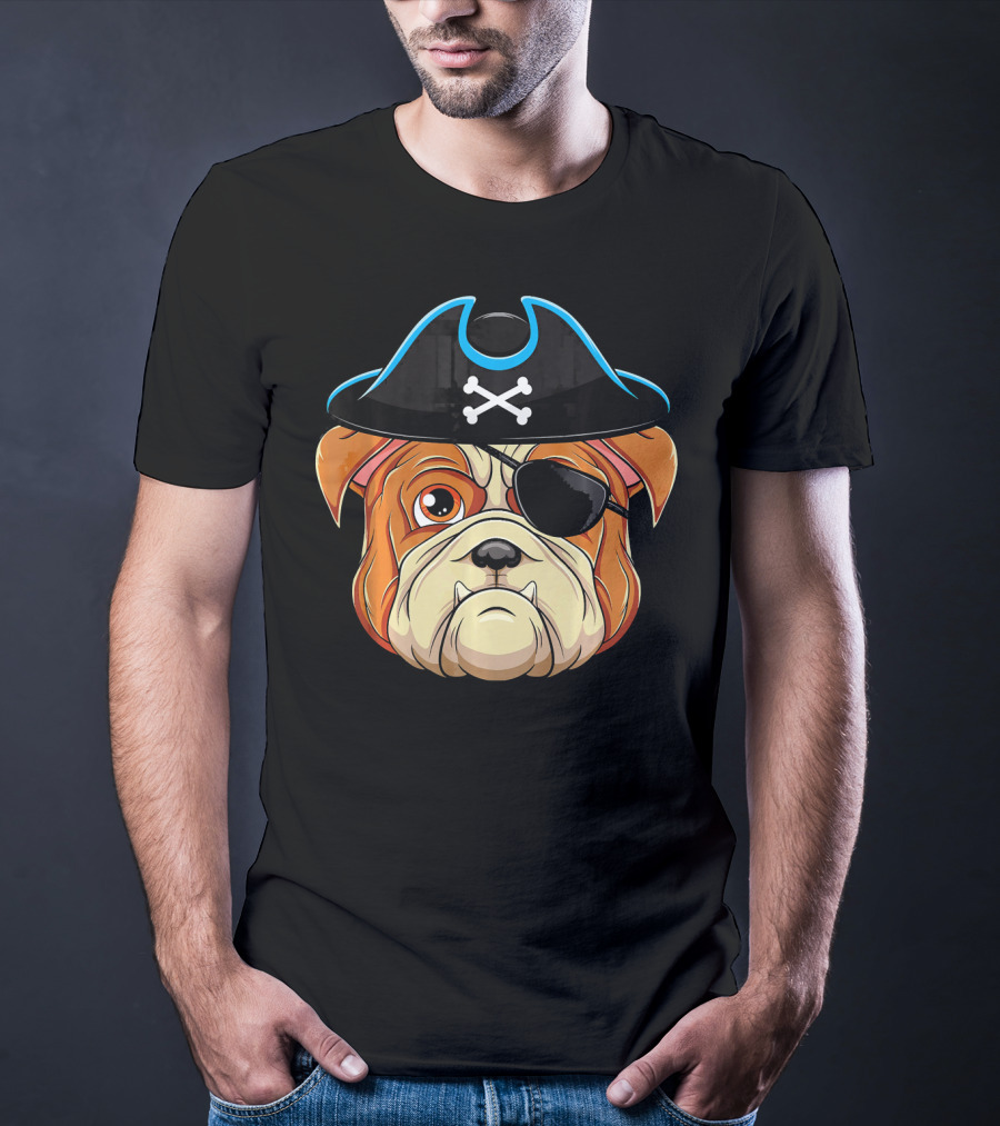 English Bulldog Pirate Hat Eye Patch Skull Crossbones T-Shirt