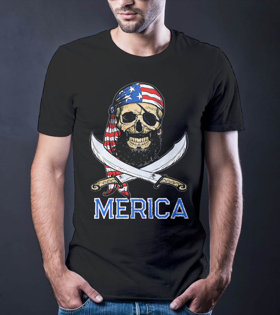 MERICA Bearded Pirate Skull With American Flag Bandana And Crossed Swords T-Shirt