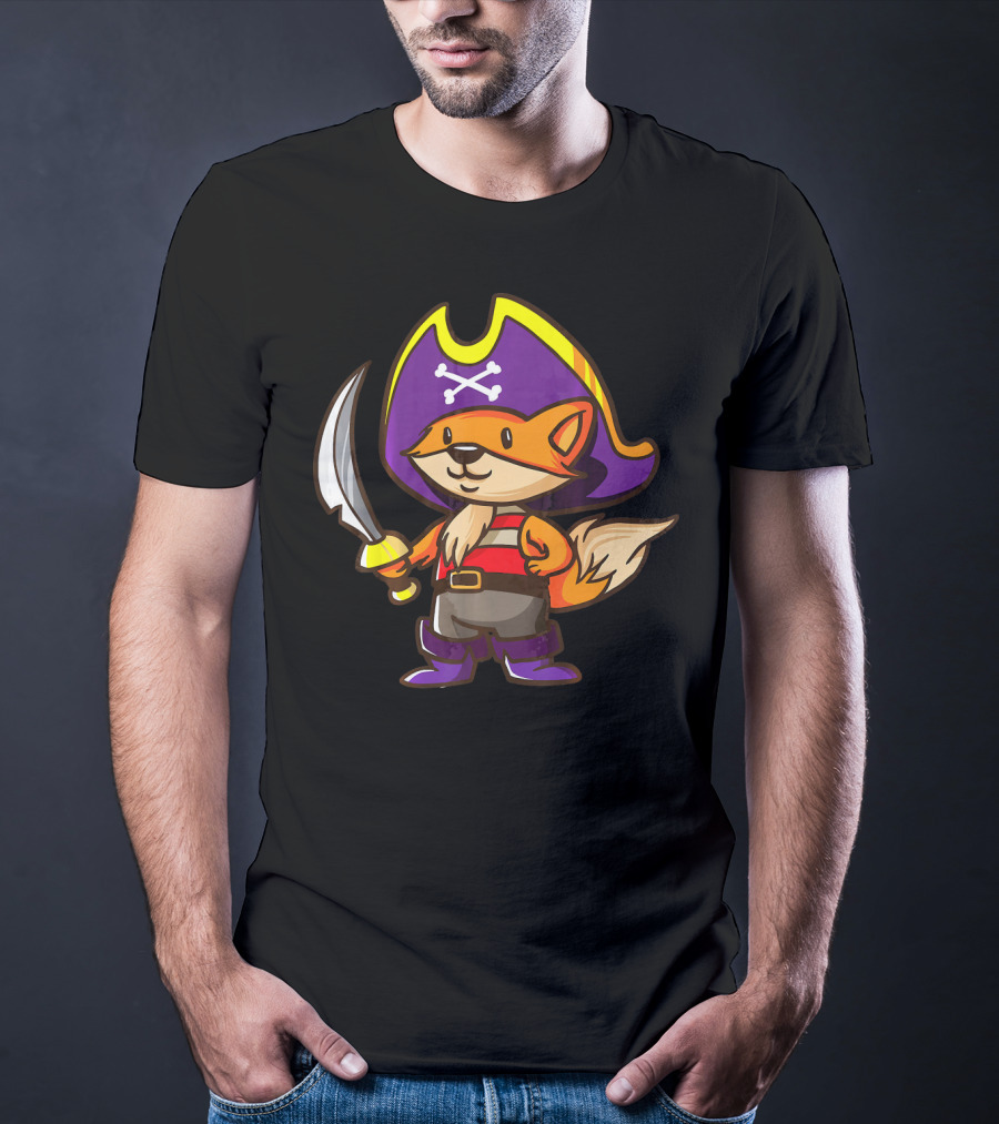 Pirate Fox Halloween Party Costume With Sword And Pirate Hat Featuring Crossbones T-Shirt