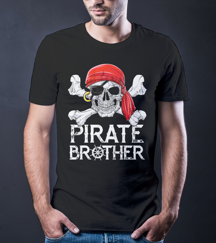 Pirate Brother Skull With Eyepatch And Red Bandana Jolly Roger Flag T-Shirt