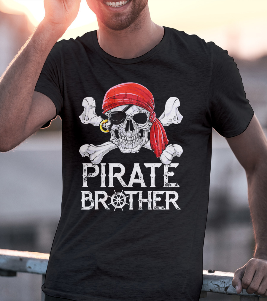 Pirate Brother Skull With Eyepatch And Red Bandana Jolly Roger Flag T-Shirt