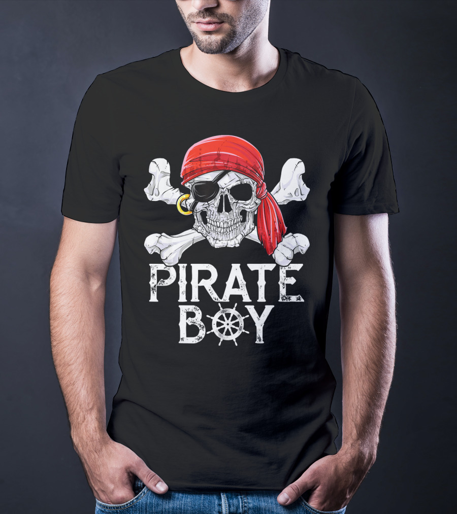 Pirate Boy Jolly Roger Skull With Red Bandana And Crossbones T-Shirt
