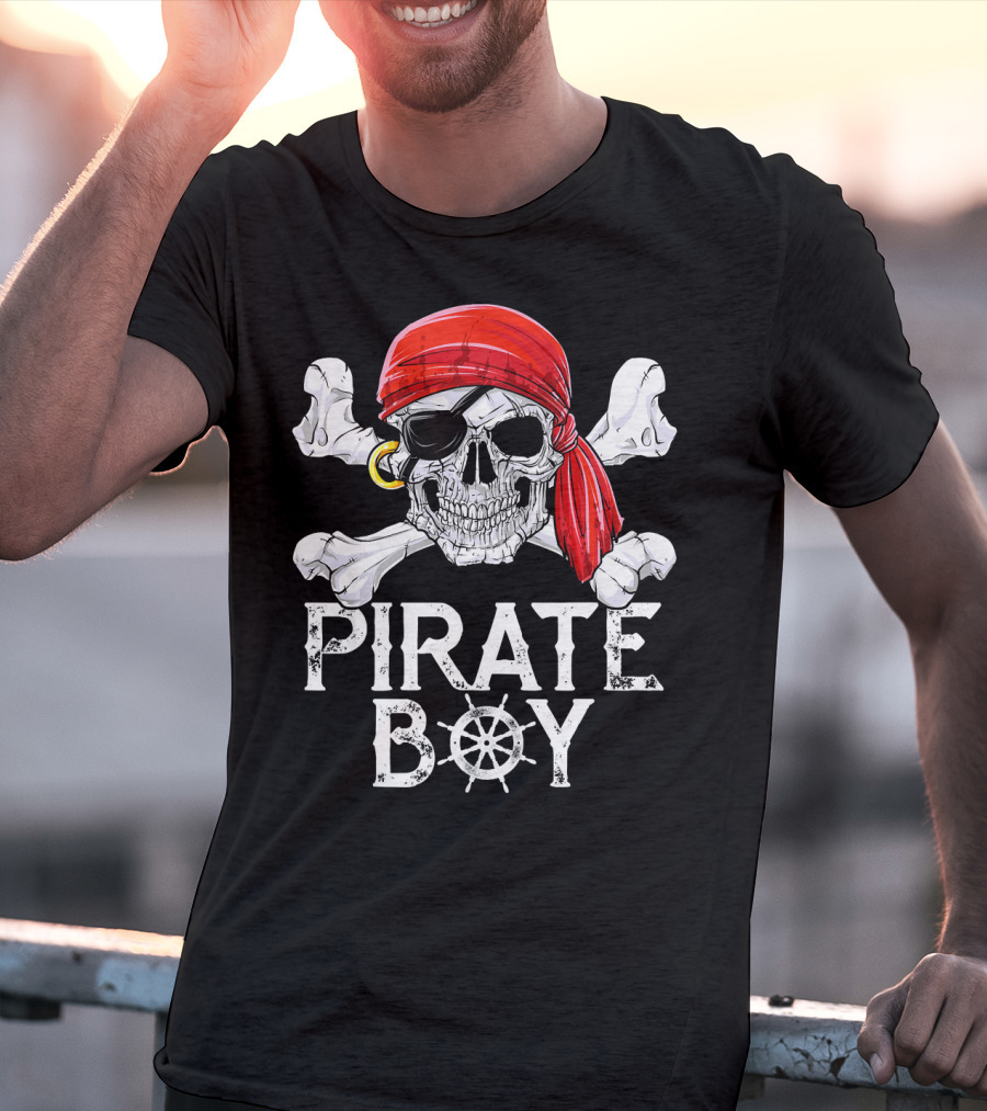 Pirate Boy Jolly Roger Skull With Red Bandana And Crossbones T-Shirt