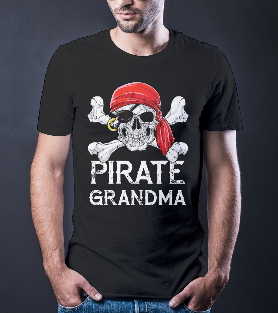 Pirate Grandma Skull With Red Bandana And Crossbones T-Shirt