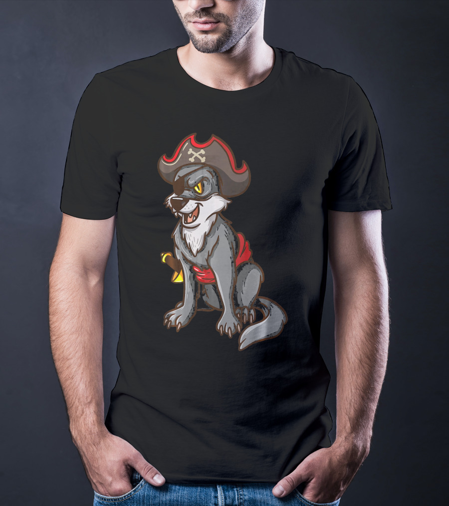 Pirate Wolf Halloween Party Costume With Sword And Hat T-Shirt