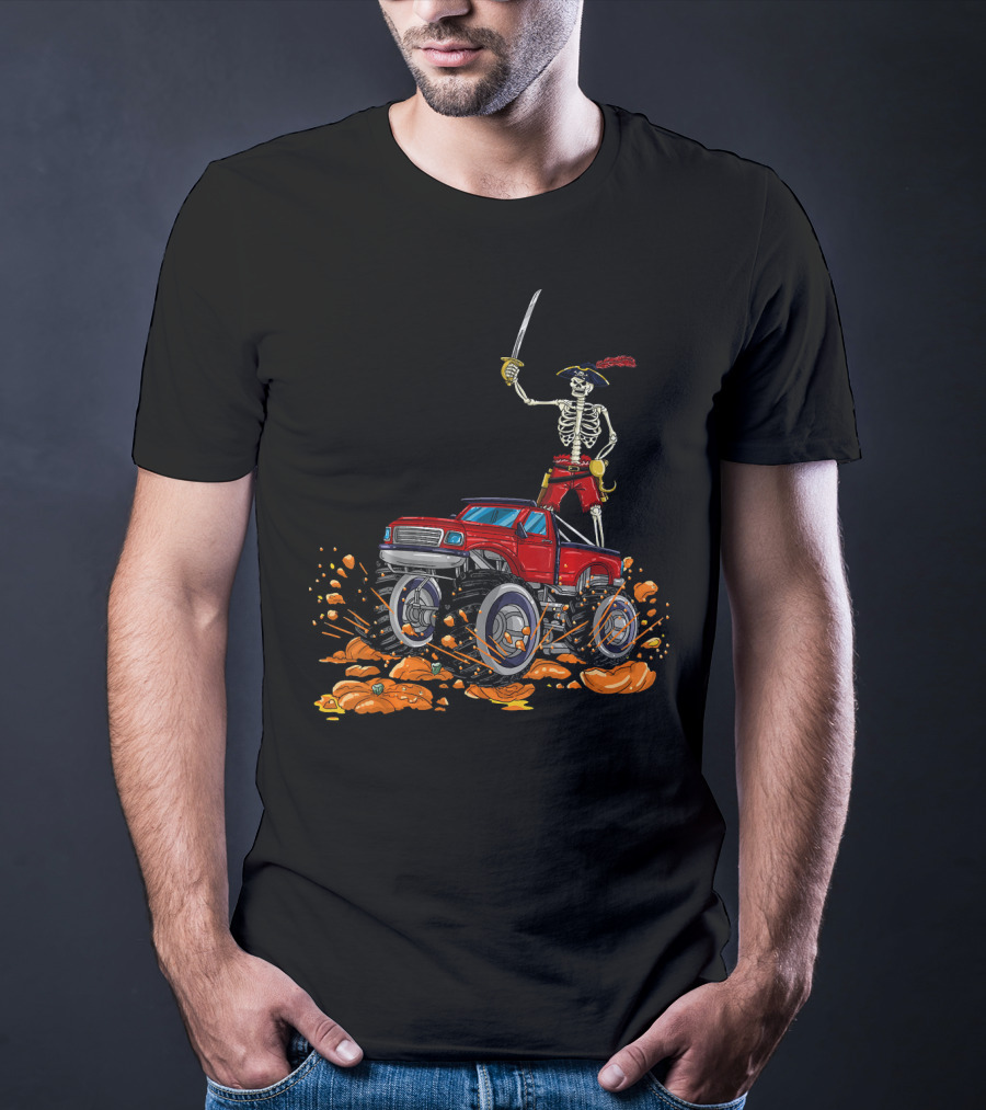 Halloween Skeleton Pirate Riding Monster Truck Over Pumpkins T-Shirt