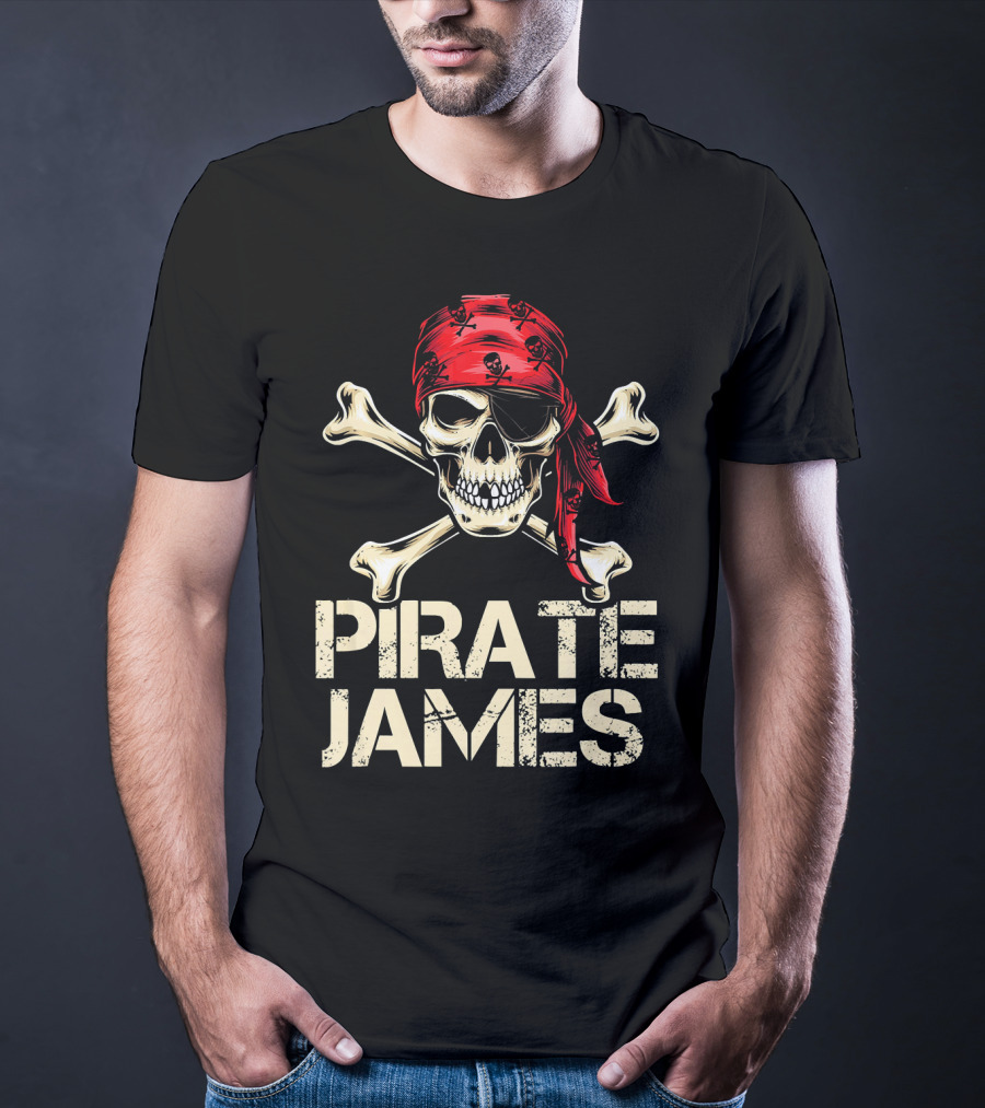 PIRATE JAMES Skull Crossbones Red Bandana Birthday T-Shirt