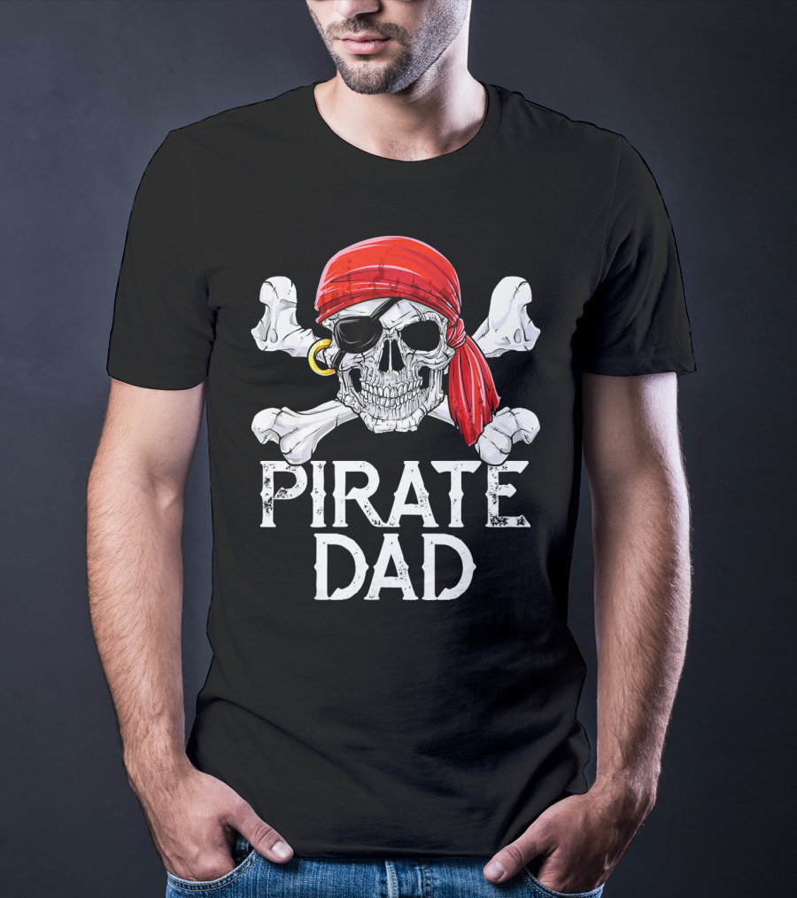 Pirate Dad Jolly Roger Skull With Red Bandana And Crossbones T-Shirt