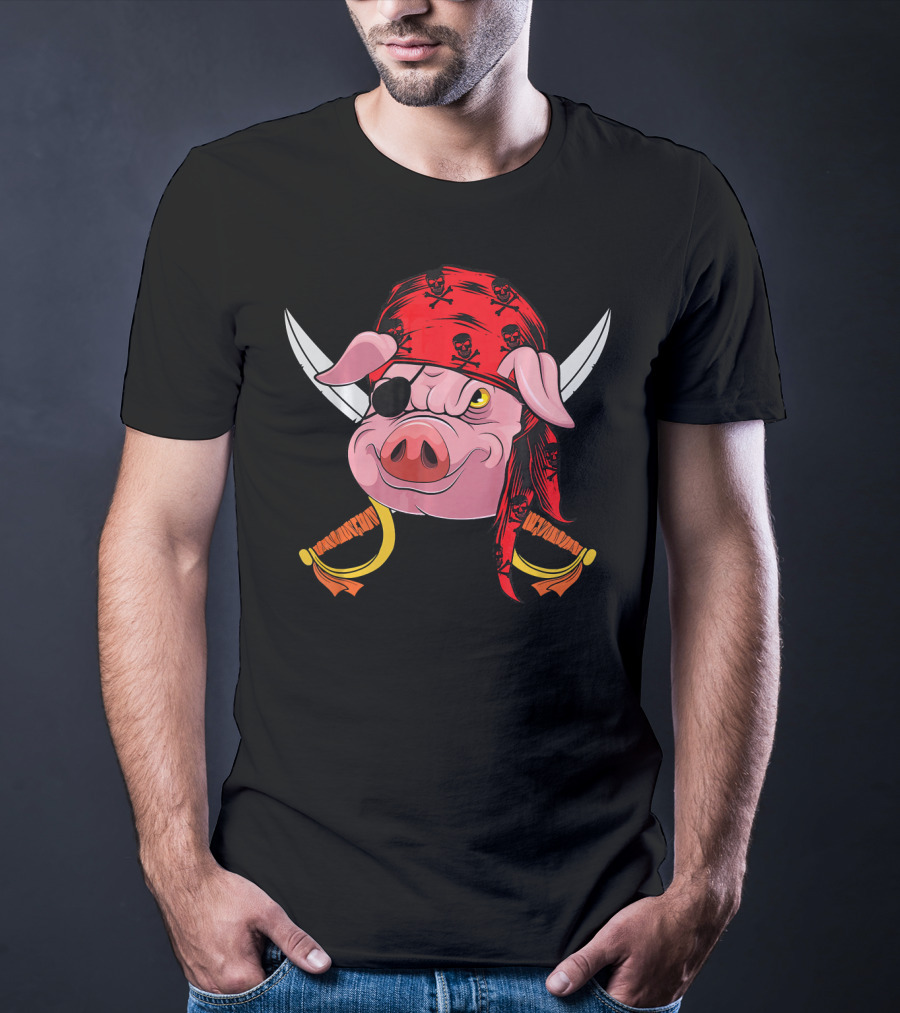 Pirate Pig With Eye Patch And Swords Halloween Costume T-Shirt