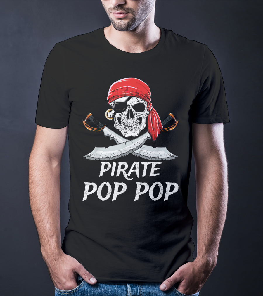 Pirate Pop Pop Skull With Red Bandana And Crossed Swords T-Shirt