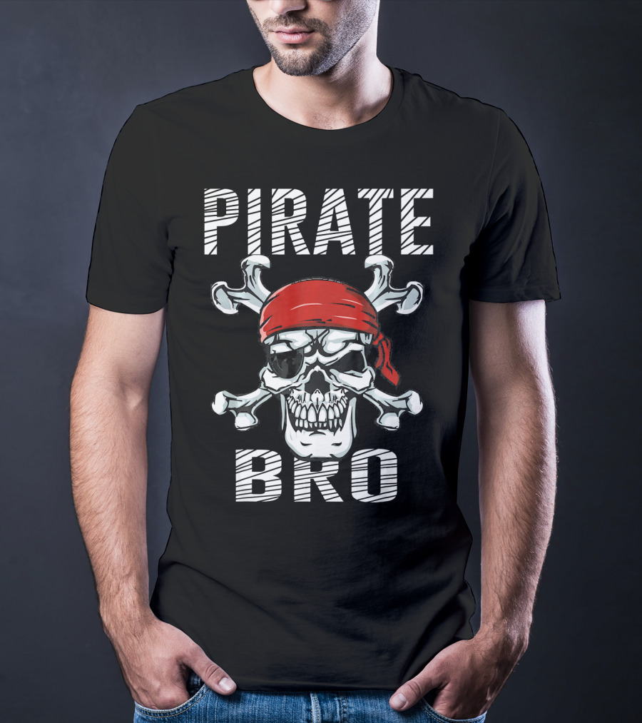 Pirate Bro Skull With Crossbones And Red Bandana T-Shirt
