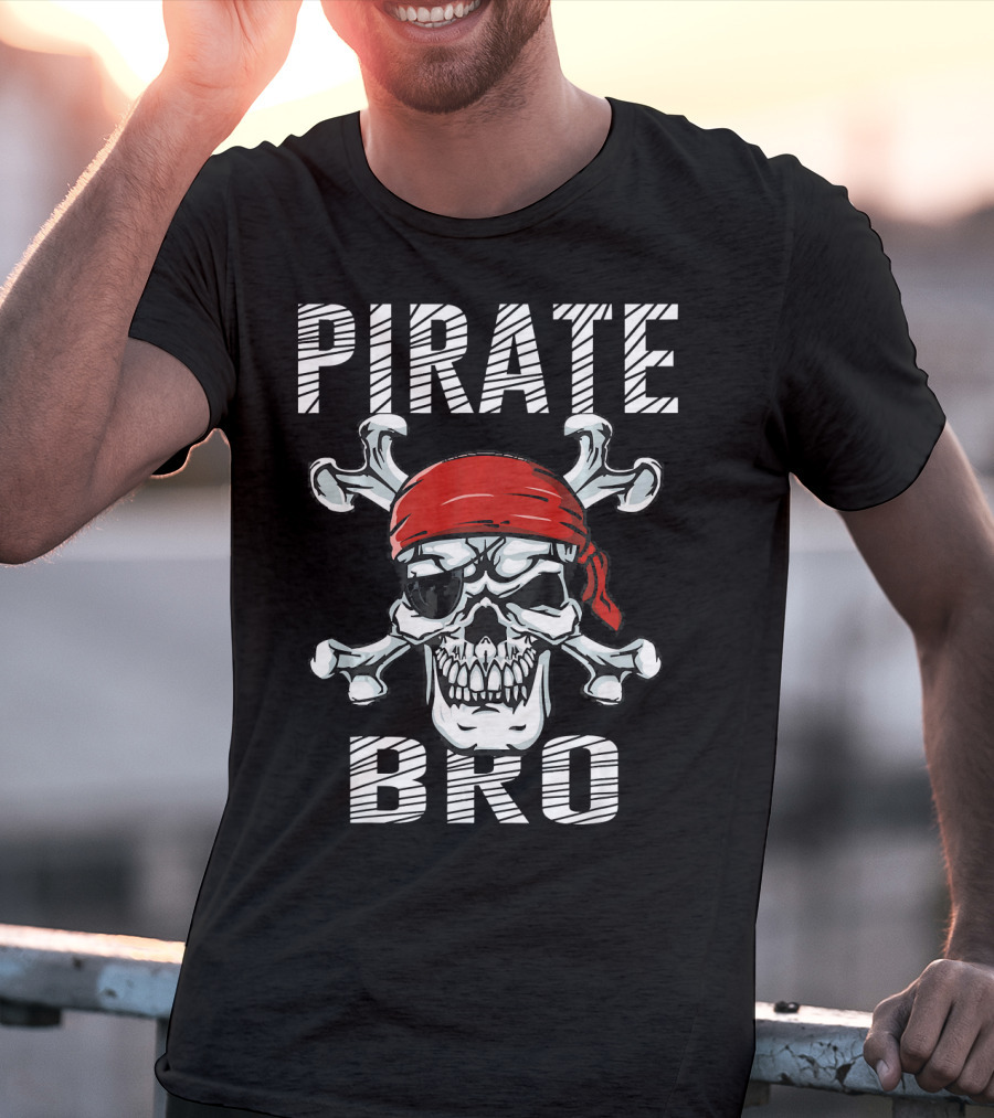Pirate Bro Skull With Crossbones And Red Bandana T-Shirt