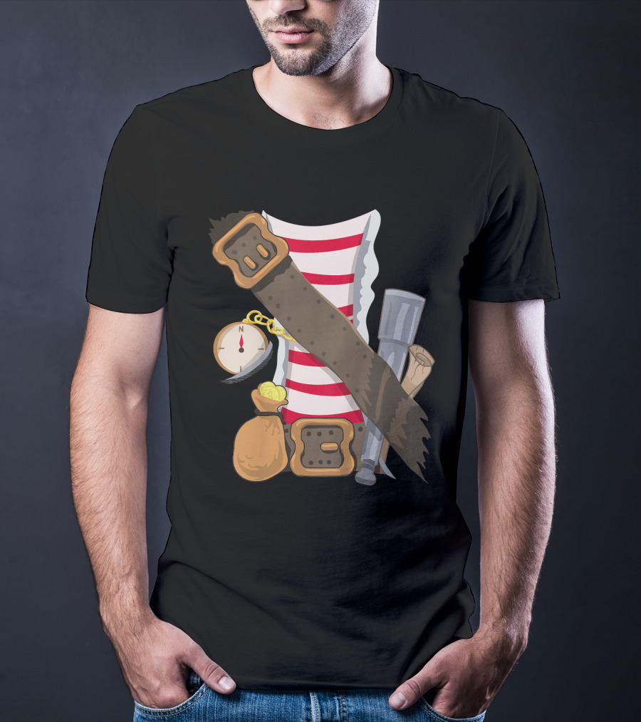 Kids Pirate Buccaneer Striped Shirt With Compass And Treasure Elements T-Shirt