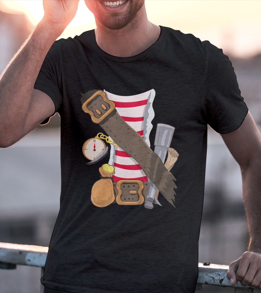 Kids Pirate Buccaneer Striped Shirt With Compass And Treasure Elements T-Shirt