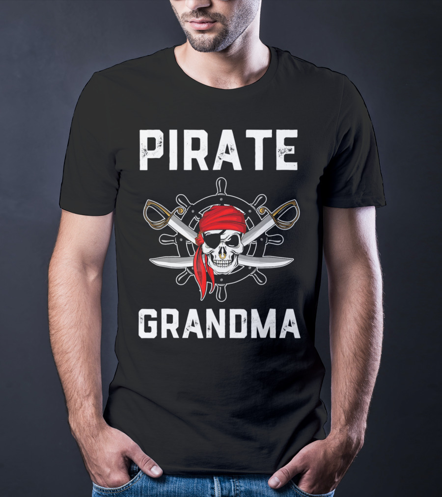 Pirate Grandma Skull With Red Bandana And Crossed Swords T-Shirt