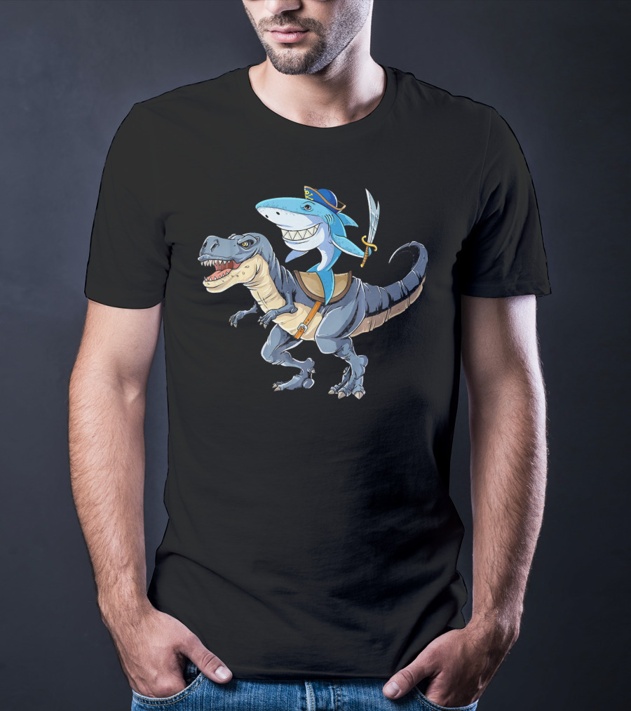 Shark Riding Dinosaur Rex Pirate With Sword T-Shirt
