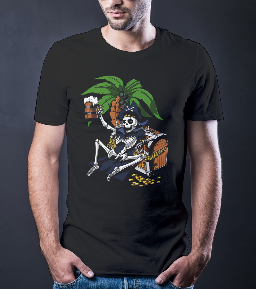 Skeleton Pirate Toasting With Treasure Chest Palm Tree Scene T-Shirt