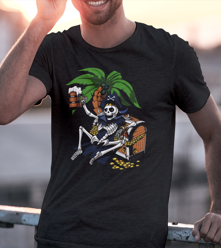 Skeleton Pirate Toasting With Treasure Chest Palm Tree Scene T-Shirt