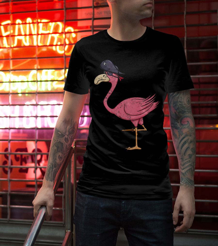 Vintage Pink Flamingo Pirate With Eyepatch And Skull Hat T-Shirt