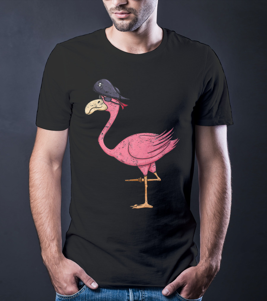 Vintage Pink Flamingo Pirate With Eyepatch And Skull Hat T-Shirt