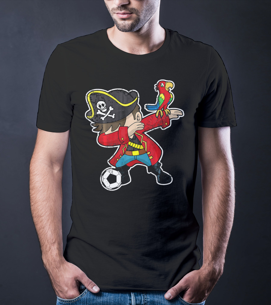 Dabbing Soccer Pirate With Parrot And Skull Hat T-Shirt