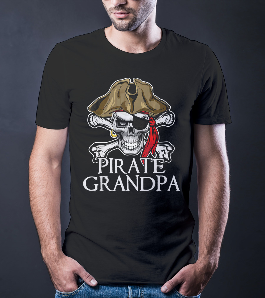 Pirate Grandpa Skull Crossbones Hat Eye Patch Red Bandana T-Shirt