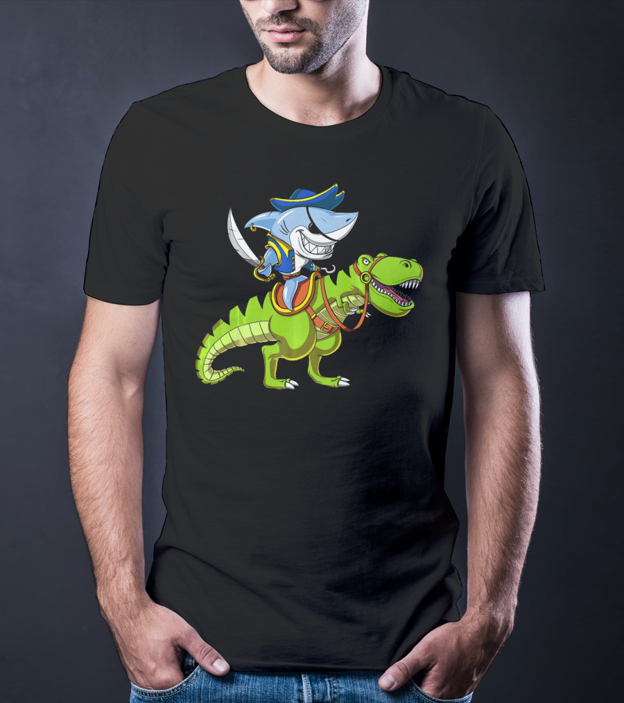 Shark Pirate On T-Rex Dinosaur T-Shirt