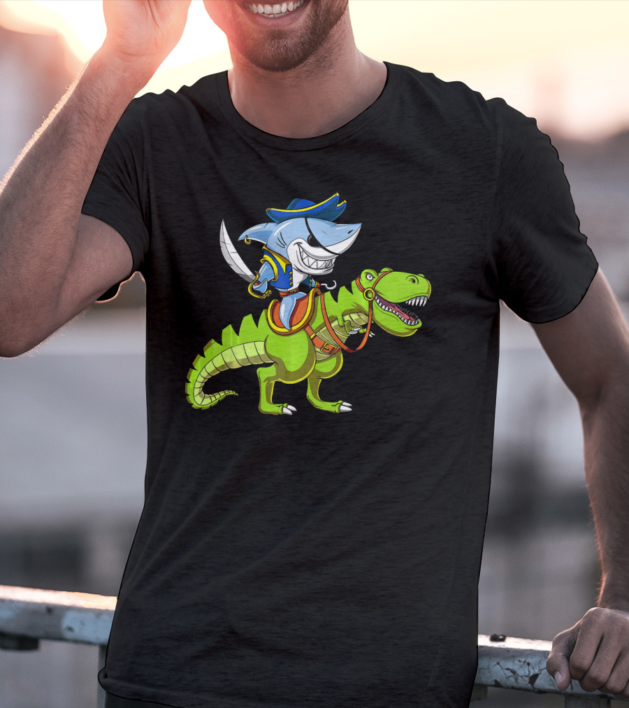 Shark Pirate On T-Rex Dinosaur T-Shirt