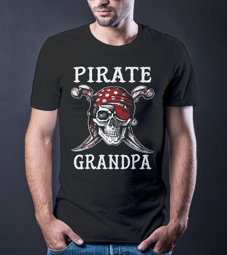 Pirate Grandpa Skull Halloween Eyepatch Bandana Crossed Sabers T-Shirt