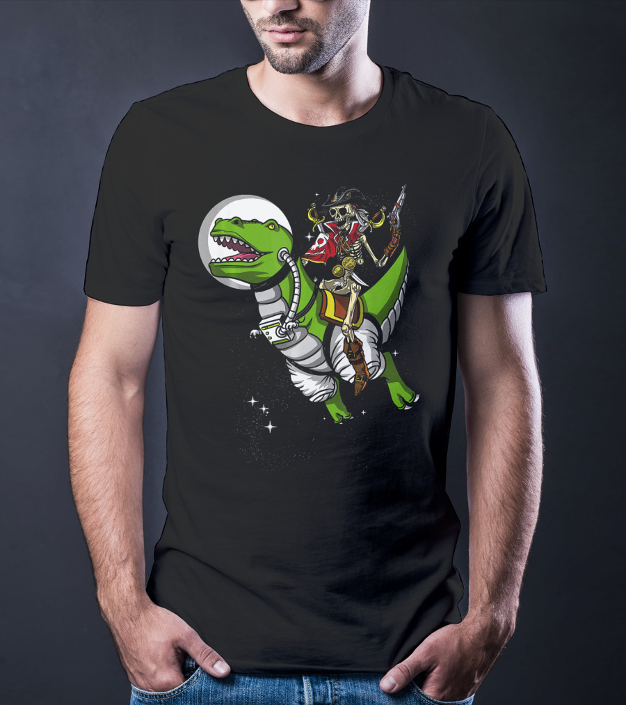 Skeleton Pirate Riding T-Rex Dinosaur With Spacesuit And Blaster T-Shirt