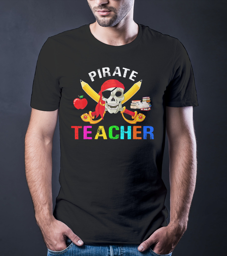 Pirate Teacher Skull Apple Books Halloween T-Shirt