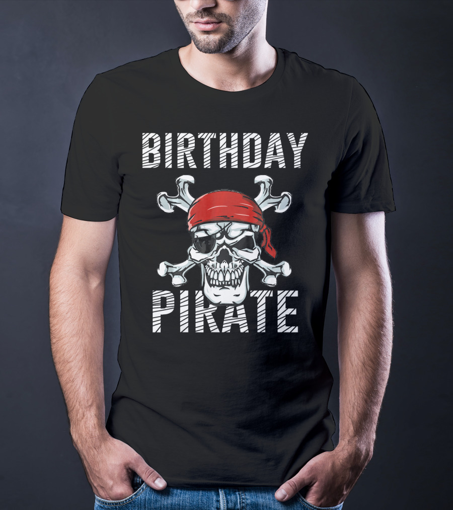 BIRTHDAY PIRATE Skull With Red Bandana And Crossbones T-Shirt