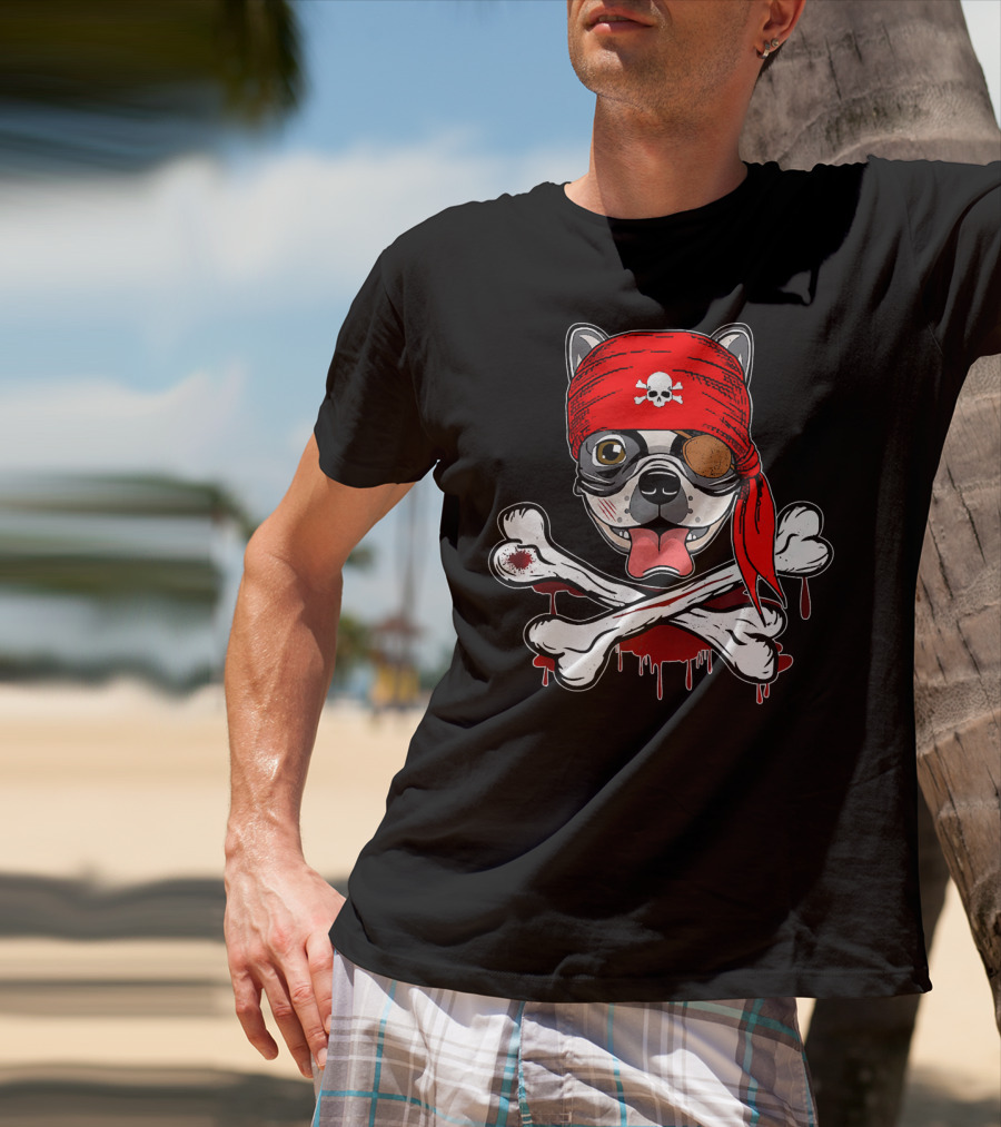 Funny Pirate French Bulldog With Skull Bandana And Crossbones T-Shirt