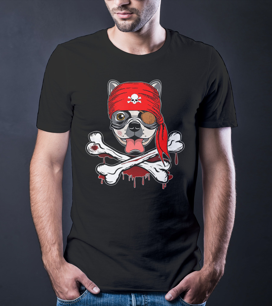 Funny Pirate French Bulldog With Skull Bandana And Crossbones T-Shirt