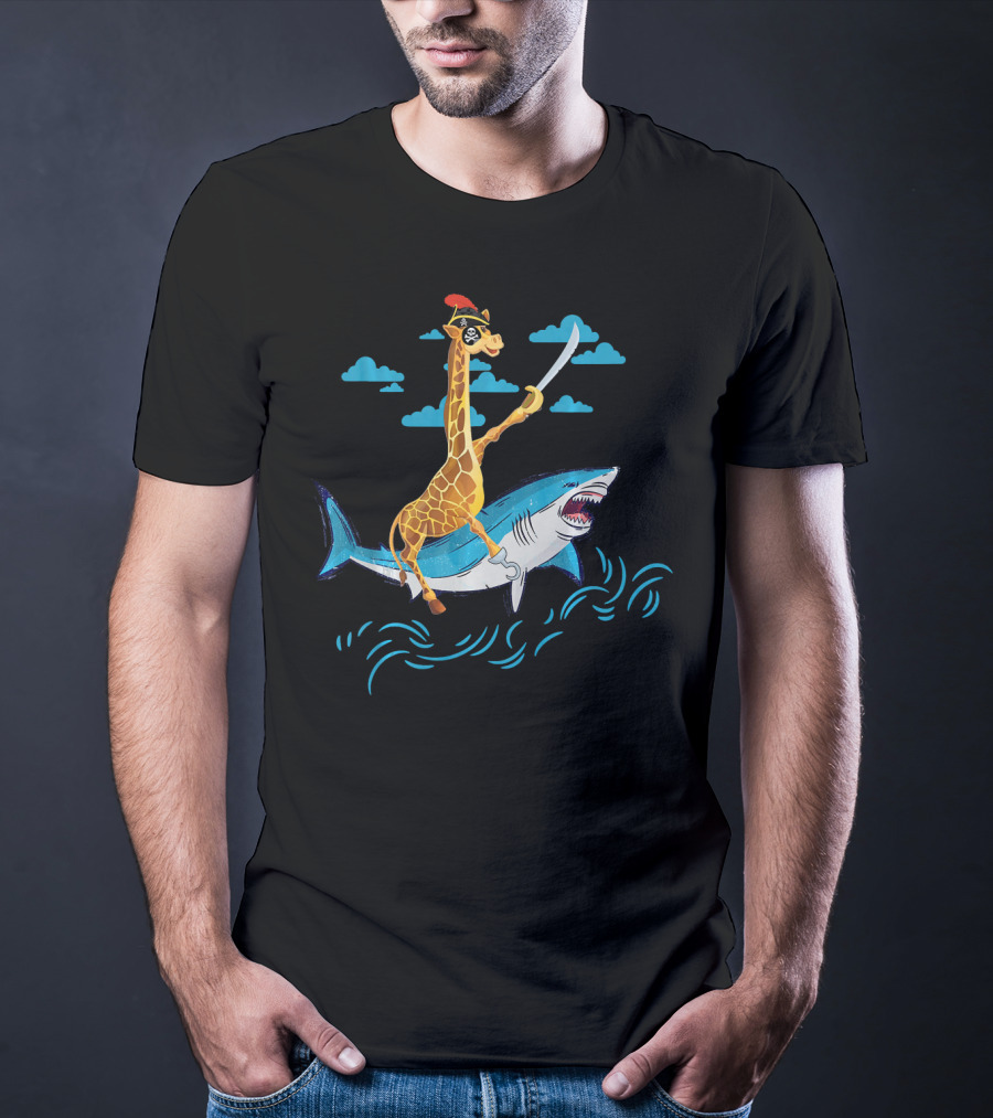 Giraffe Pirate Riding Shark With Sword Adventure T-Shirt