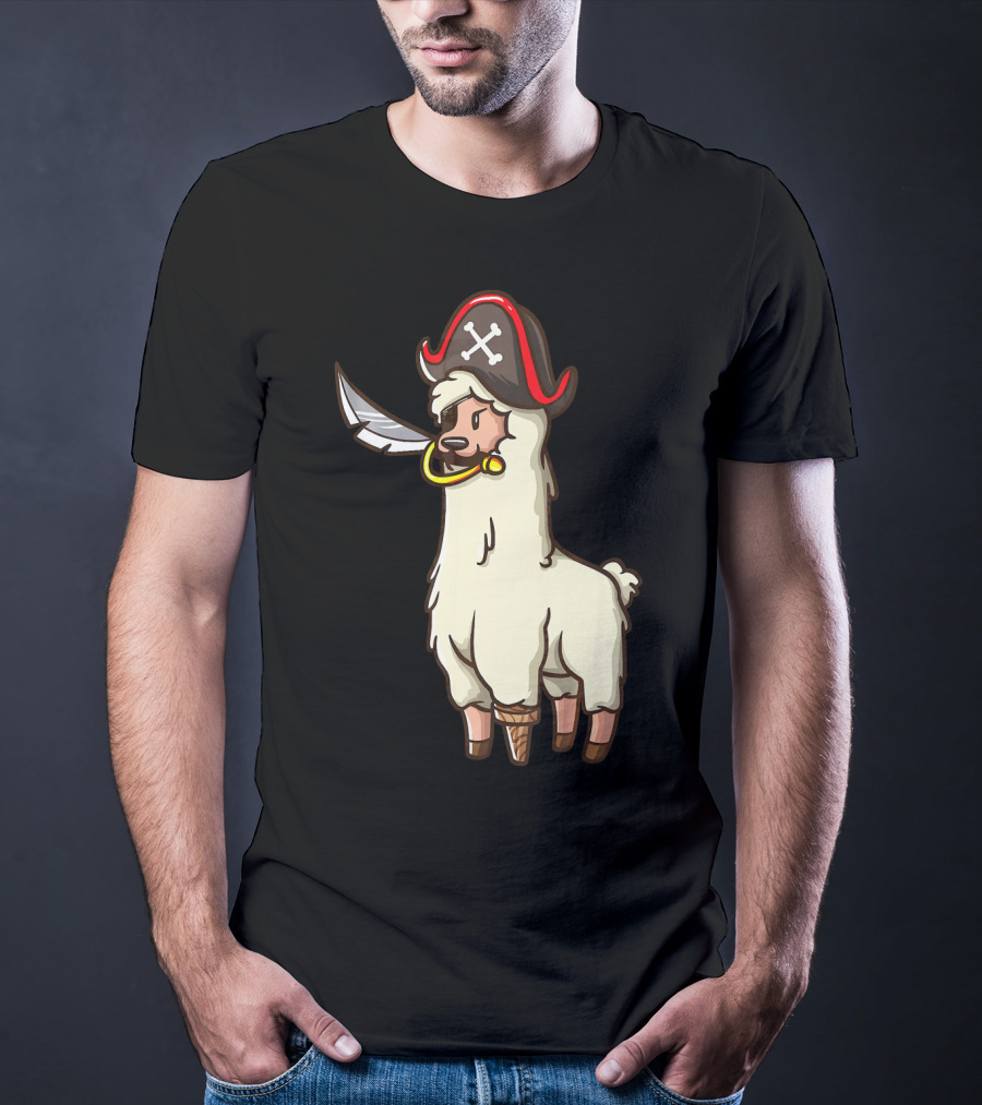Pirate Llama With Hat And Sword Halloween Party T-Shirt