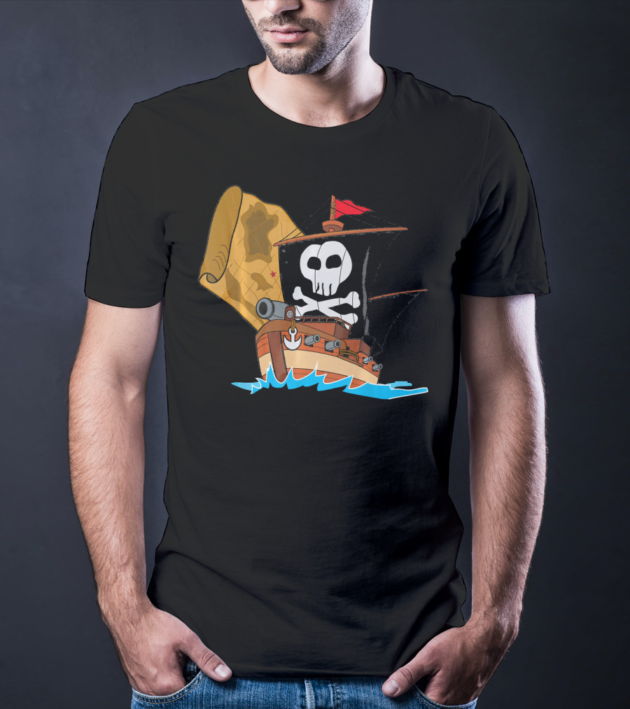 Pirate Ship With Jolly Roger And Treasure Map T-Shirt