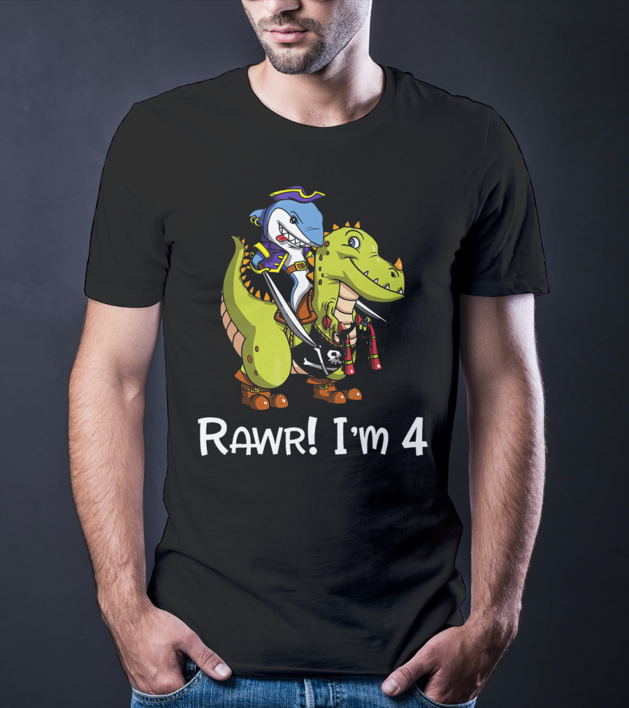 Rawr Dinosaur Shark Pirate Birthday Party I'm 4 T-Shirt