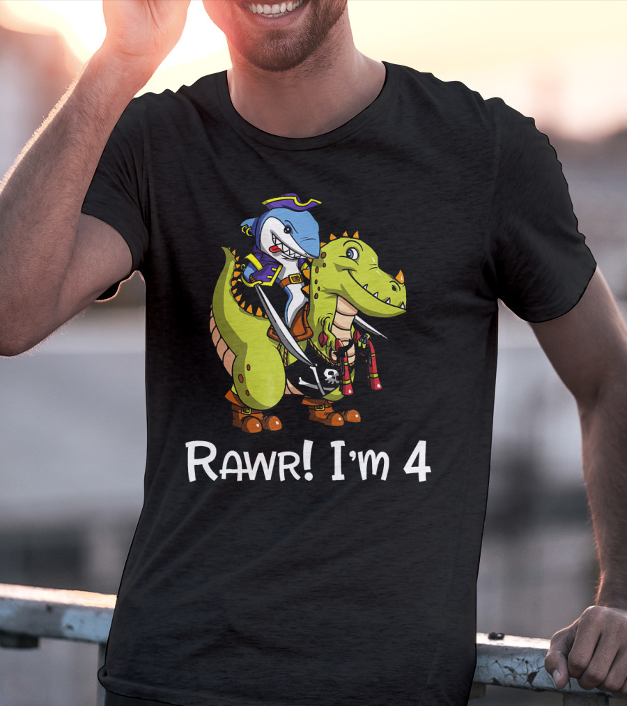 Rawr Dinosaur Shark Pirate Birthday Party I'm 4 T-Shirt