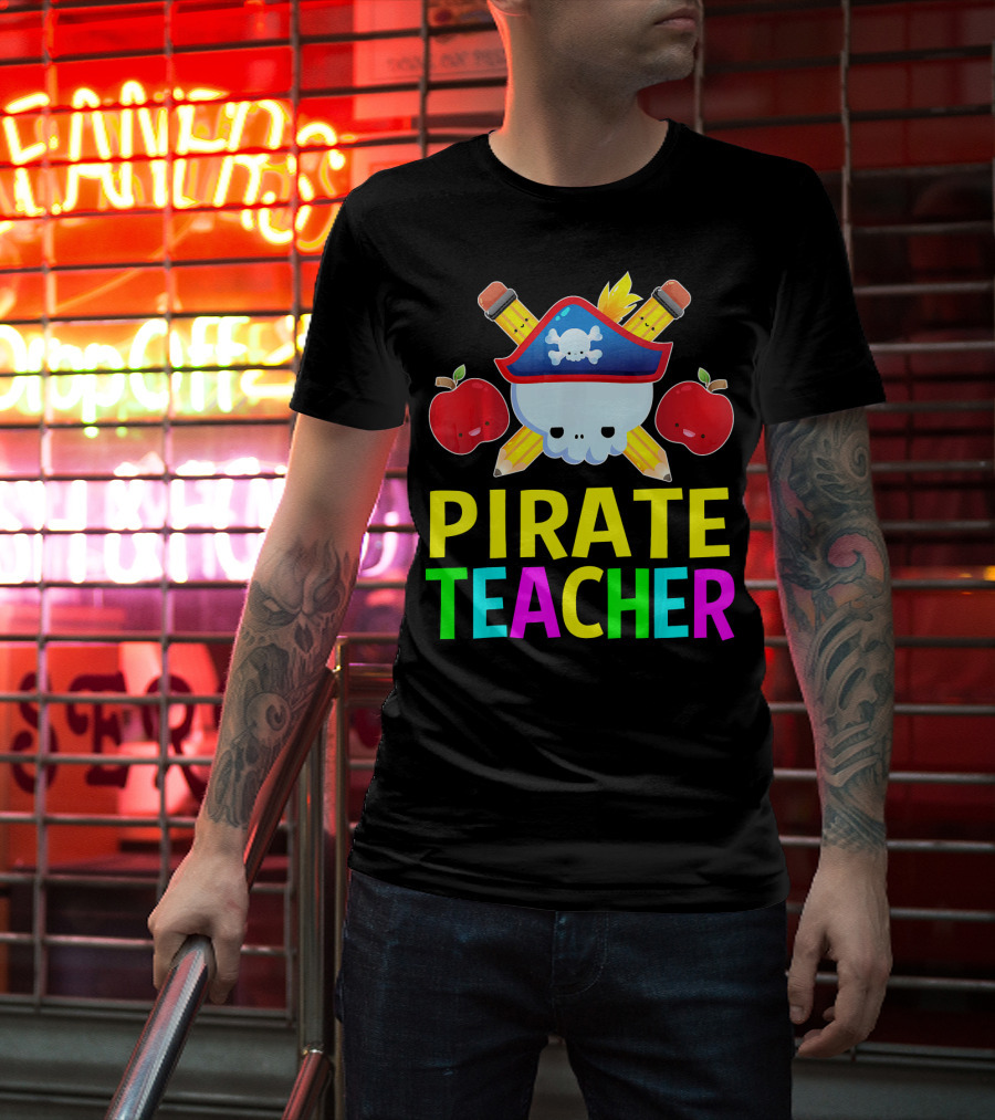 Pirate Teacher Halloween Costume Skull Pencils Apples T-Shirt