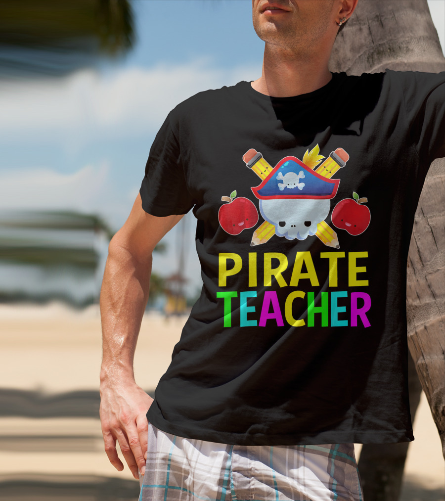 Pirate Teacher Halloween Costume Skull Pencils Apples T-Shirt