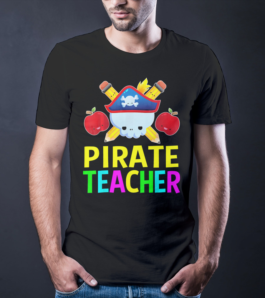 Pirate Teacher Halloween Costume Skull Pencils Apples T-Shirt