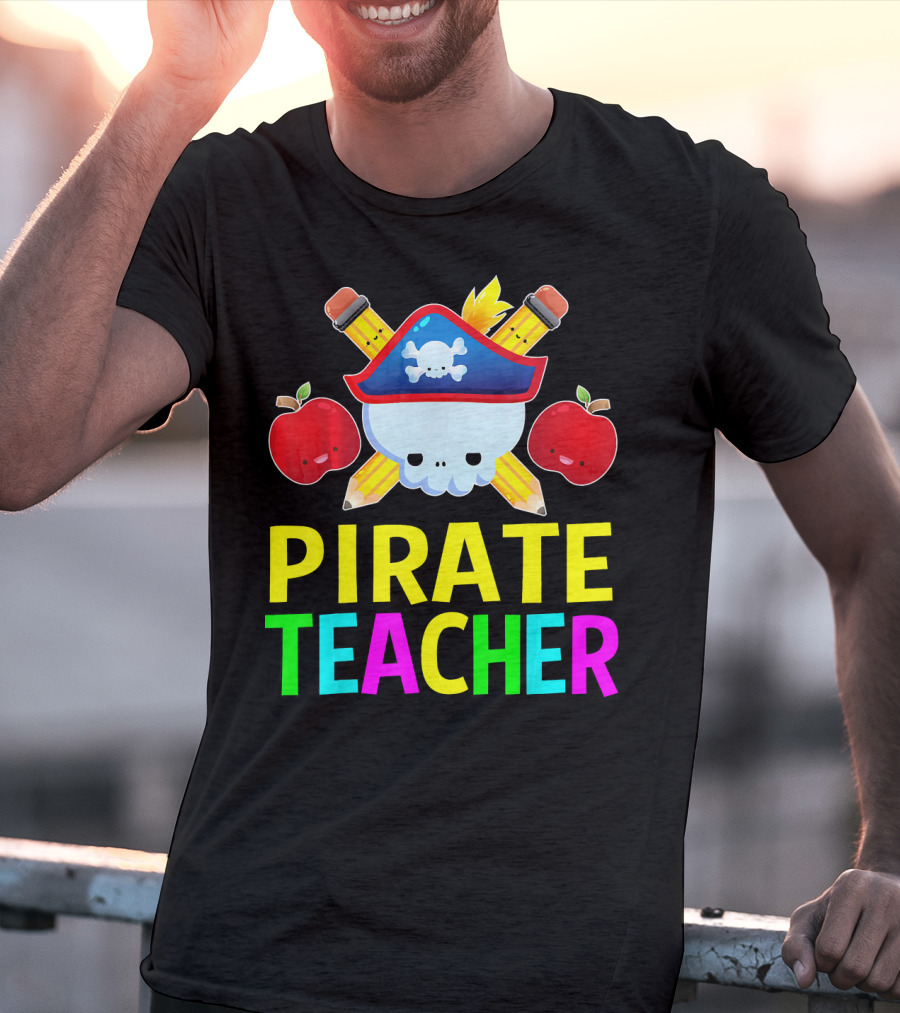Pirate Teacher Halloween Costume Skull Pencils Apples T-Shirt