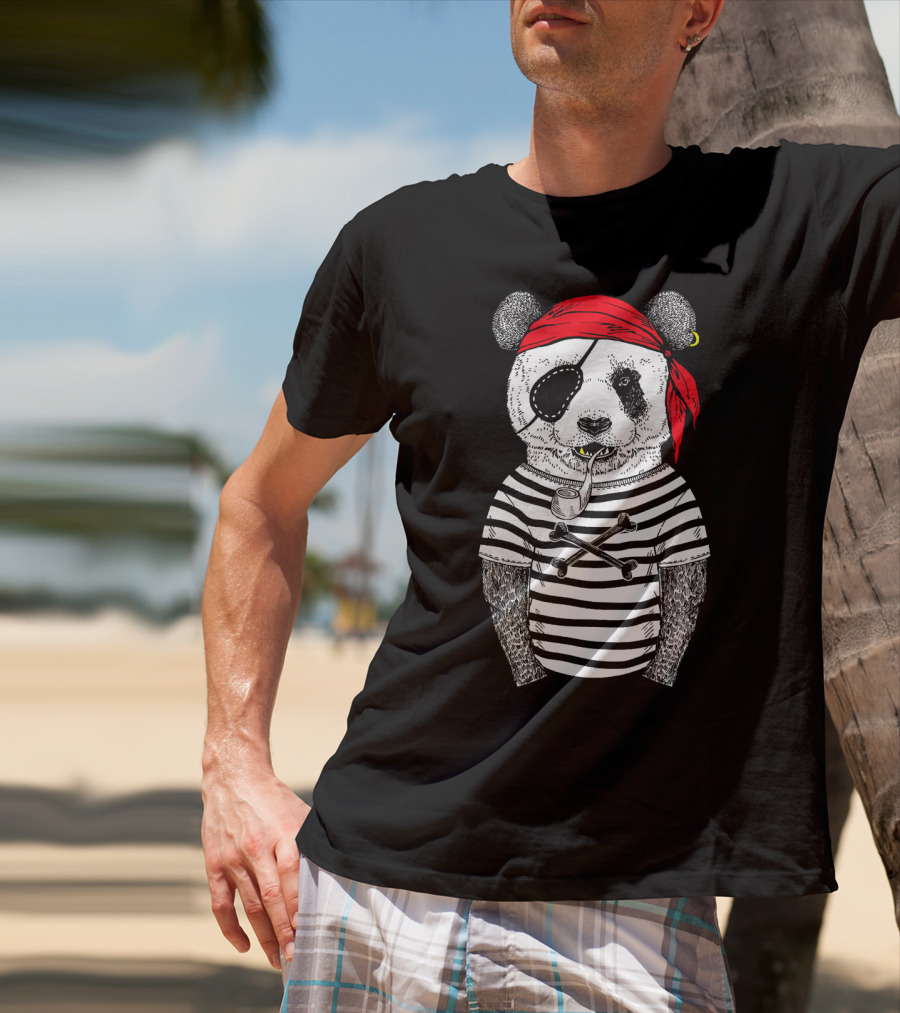 Panda Bear Pirate Wearing Striped Shirt With Red Bandana And Eye Patch T-Shirt
