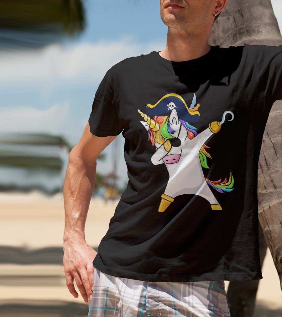 Funny Dabbing Unicorn Pirate With Rainbow Hair And Skull Hat T-Shirt