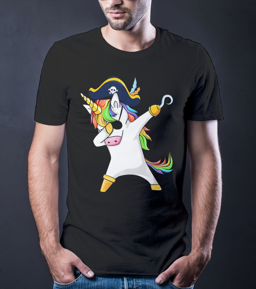 Funny Dabbing Unicorn Pirate With Rainbow Hair And Skull Hat T-Shirt