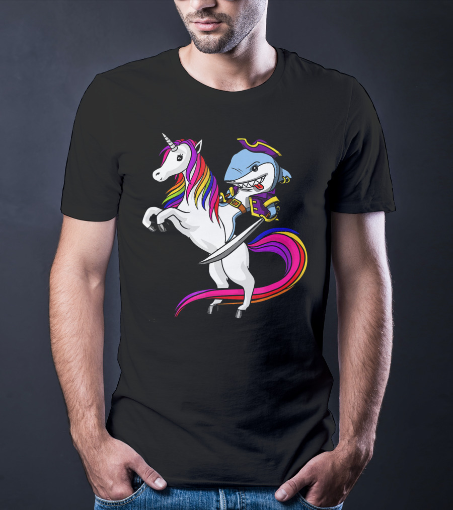 Shark Pirate Riding Rainbow Unicorn Magical Adventure T-Shirt